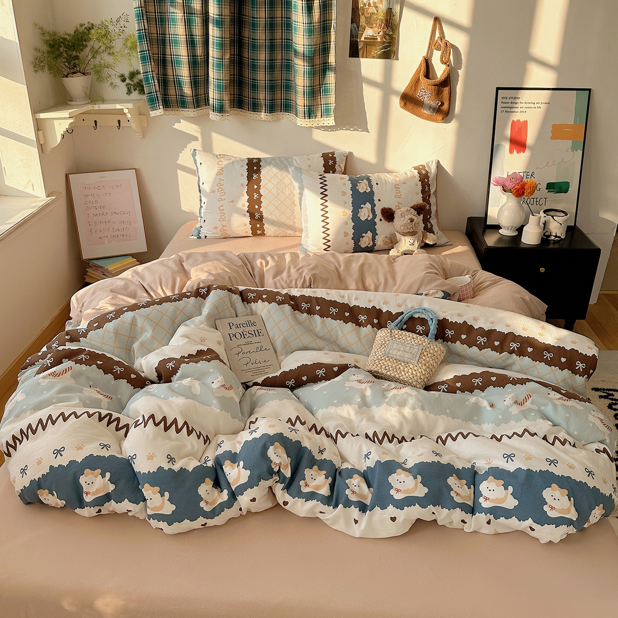 91家纺网 家纺一手货源 找家纺 沐芷 2026 【提供买家秀】水洗棉四件套A类简约小清新床上用品床笠款被套床单三件套被罩卡通可爱 奔向幸福