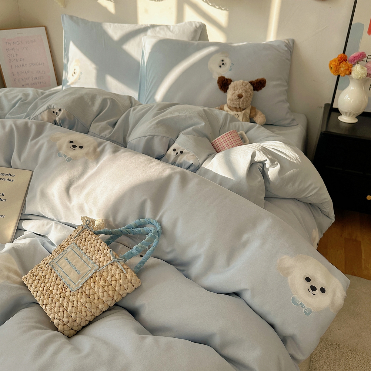 91家纺网 家纺一手货源 找家纺 沐芷 2026 【提供买家秀】水洗棉四件套A类简约小清新床上用品床笠款被套床单三件套被罩卡通可爱 云朵狗