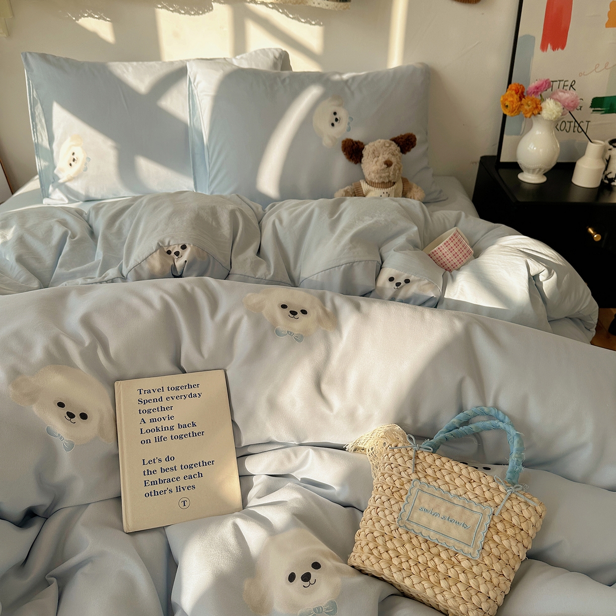 91家纺网 家纺一手货源 找家纺 沐芷 2026 【提供买家秀】水洗棉四件套A类简约小清新床上用品床笠款被套床单三件套被罩卡通可爱 云朵狗