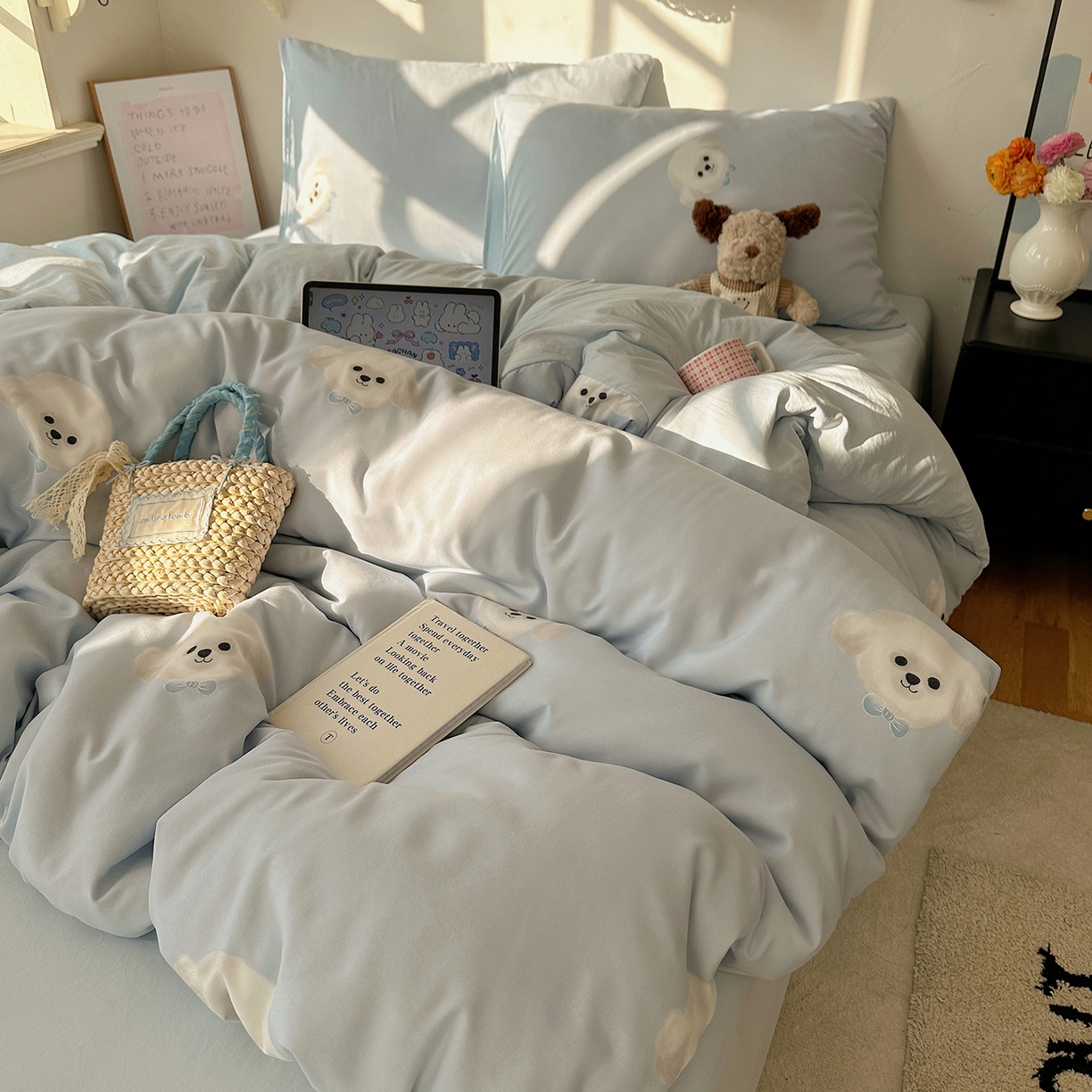 91家纺网 家纺一手货源 找家纺 沐芷 2026 【提供买家秀】水洗棉四件套A类简约小清新床上用品床笠款被套床单三件套被罩卡通可爱 云朵狗