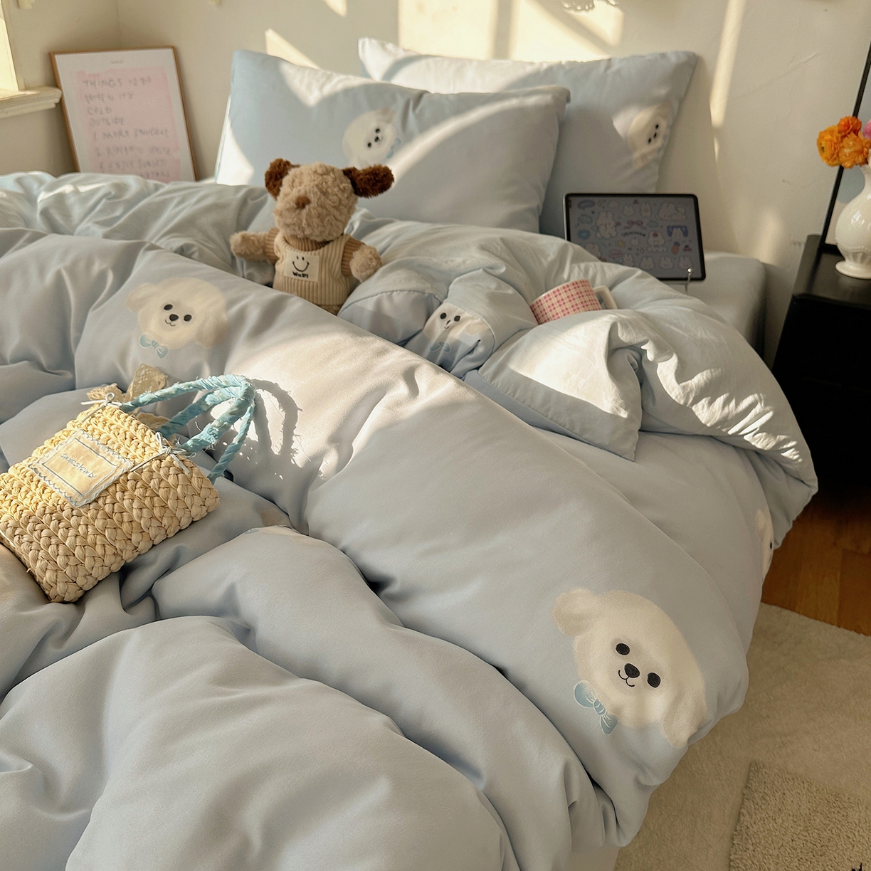 91家纺网 家纺一手货源 找家纺 沐芷 2026 【提供买家秀】水洗棉四件套A类简约小清新床上用品床笠款被套床单三件套被罩卡通可爱 云朵狗