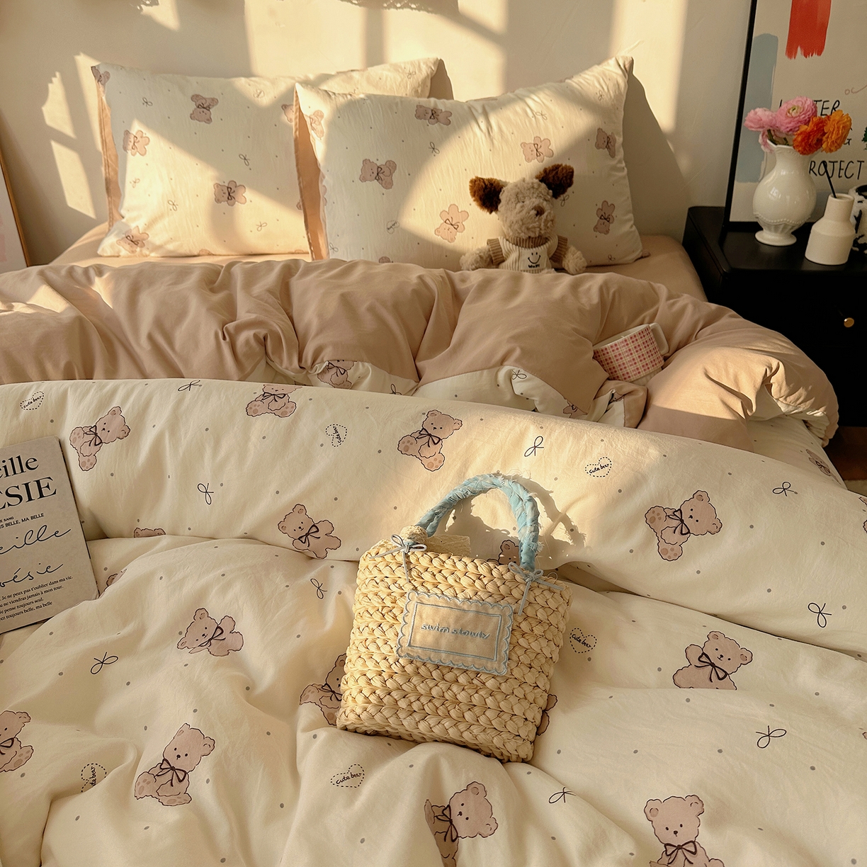 91家纺网 家纺一手货源 找家纺 沐芷 2026 【提供买家秀】水洗棉四件套A类简约小清新床上用品床笠款被套床单三件套被罩卡通可爱 饼干熊