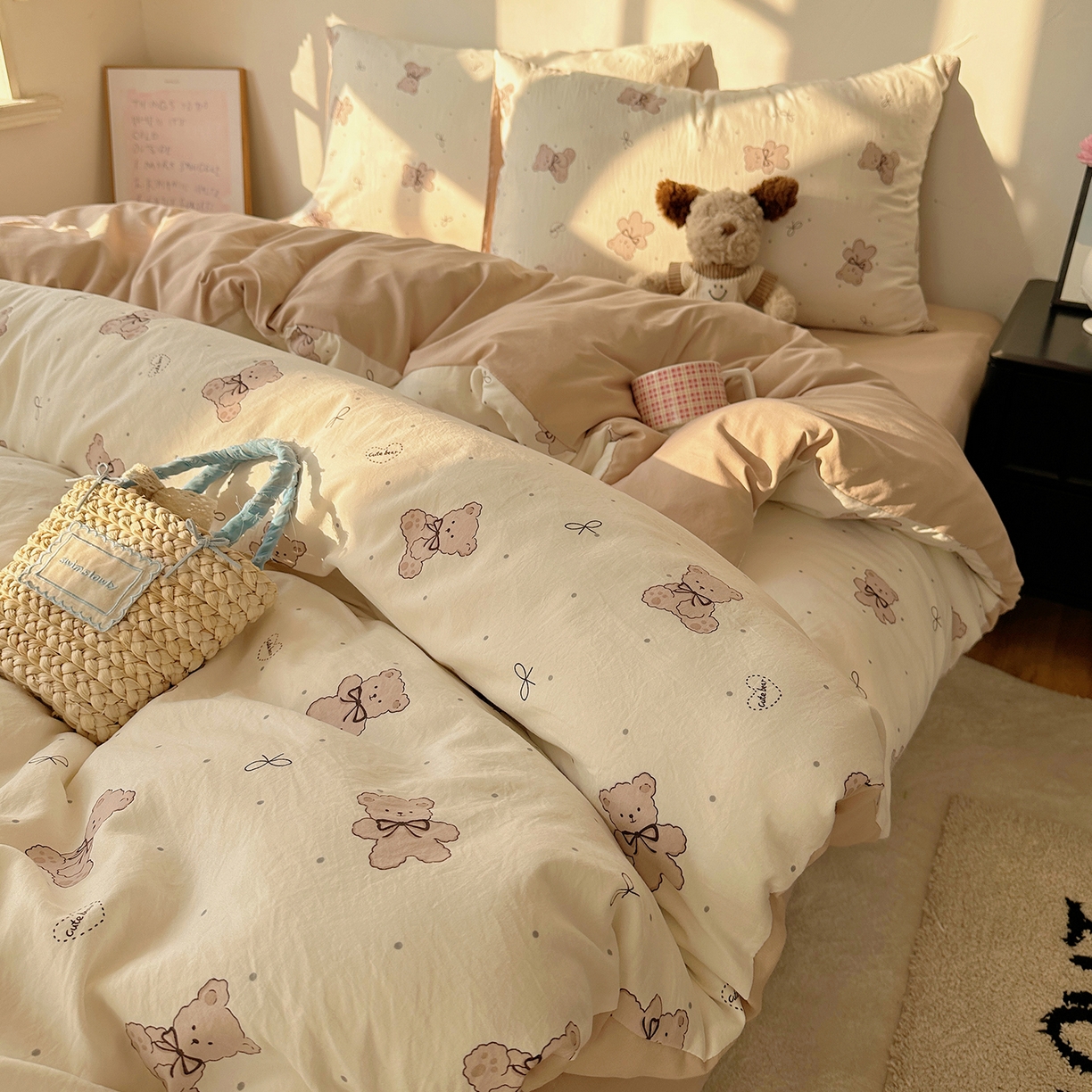 91家纺网 家纺一手货源 找家纺 沐芷 2026 【提供买家秀】水洗棉四件套A类简约小清新床上用品床笠款被套床单三件套被罩卡通可爱 饼干熊