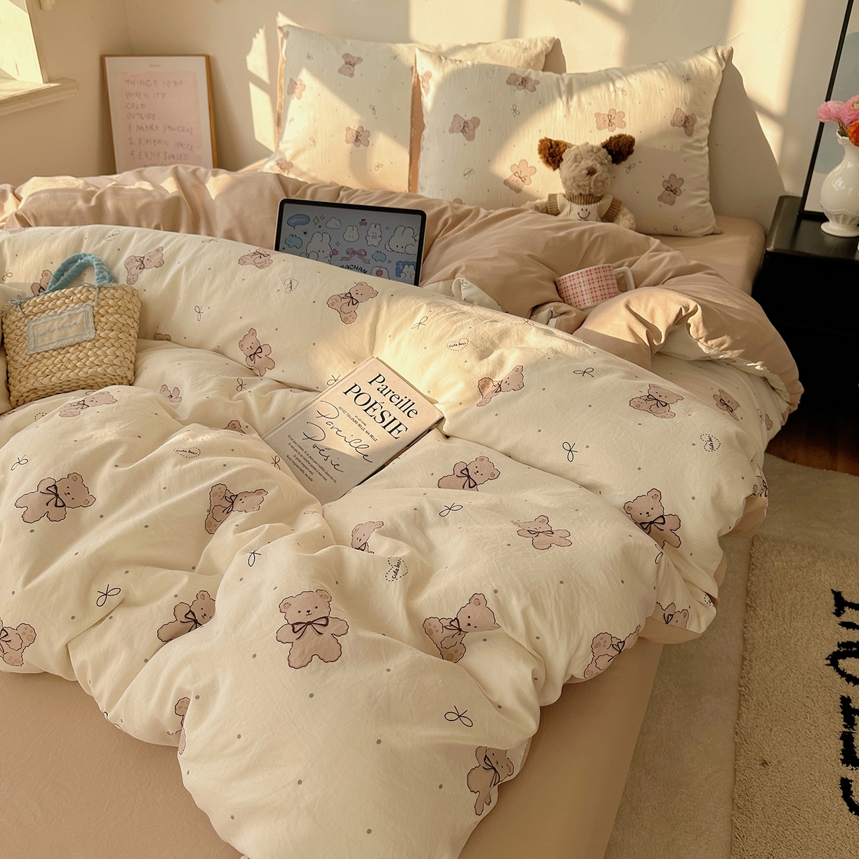 91家纺网 家纺一手货源 找家纺 沐芷 2026 【提供买家秀】水洗棉四件套A类简约小清新床上用品床笠款被套床单三件套被罩卡通可爱 饼干熊