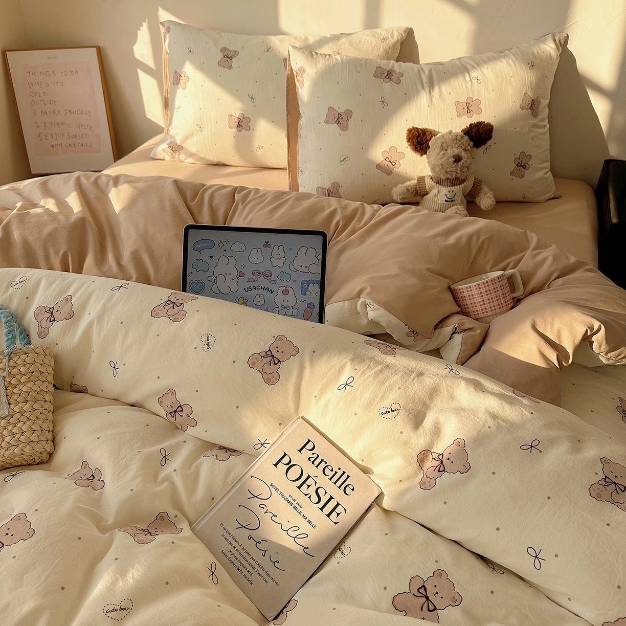 91家纺网 家纺一手货源 找家纺 沐芷 2026 【提供买家秀】水洗棉四件套A类简约小清新床上用品床笠款被套床单三件套被罩卡通可爱 饼干熊