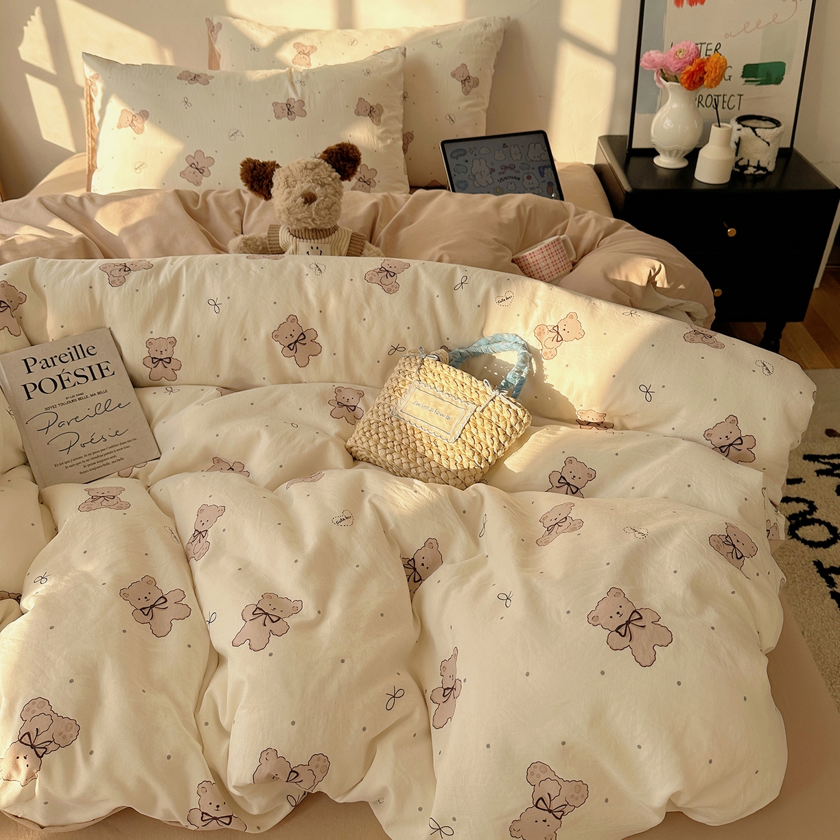 91家纺网 家纺一手货源 找家纺 沐芷 2026 【提供买家秀】水洗棉四件套A类简约小清新床上用品床笠款被套床单三件套被罩卡通可爱 饼干熊