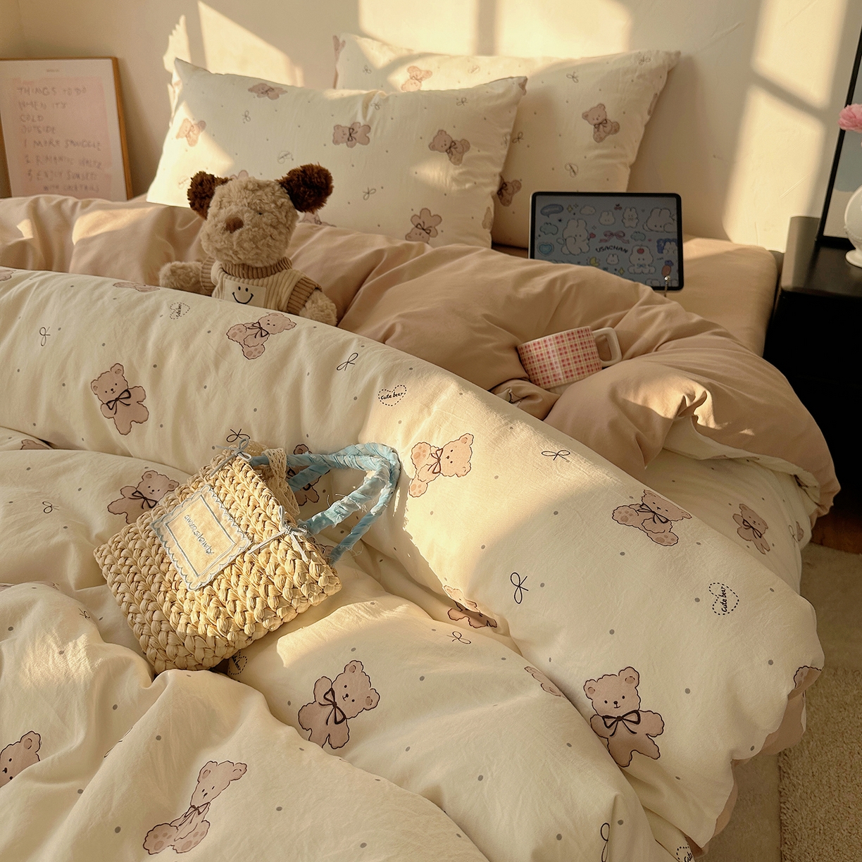 91家纺网 家纺一手货源 找家纺 沐芷 2026 【提供买家秀】水洗棉四件套A类简约小清新床上用品床笠款被套床单三件套被罩卡通可爱 饼干熊