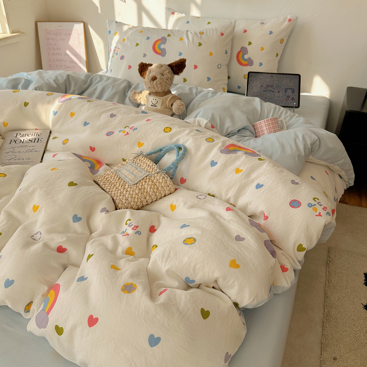 91家纺网 家纺一手货源 找家纺 沐芷 2026 【提供买家秀】水洗棉四件套A类简约小清新床上用品床笠款被套床单三件套被罩卡通可爱 彩虹天堂