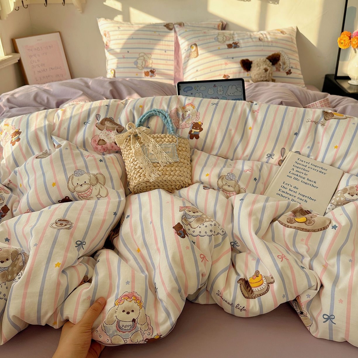 91家纺网 家纺一手货源 找家纺 沐芷 2026 【提供买家秀】水洗棉四件套A类简约小清新床上用品床笠款被套床单三件套被罩卡通可爱 烘焙师