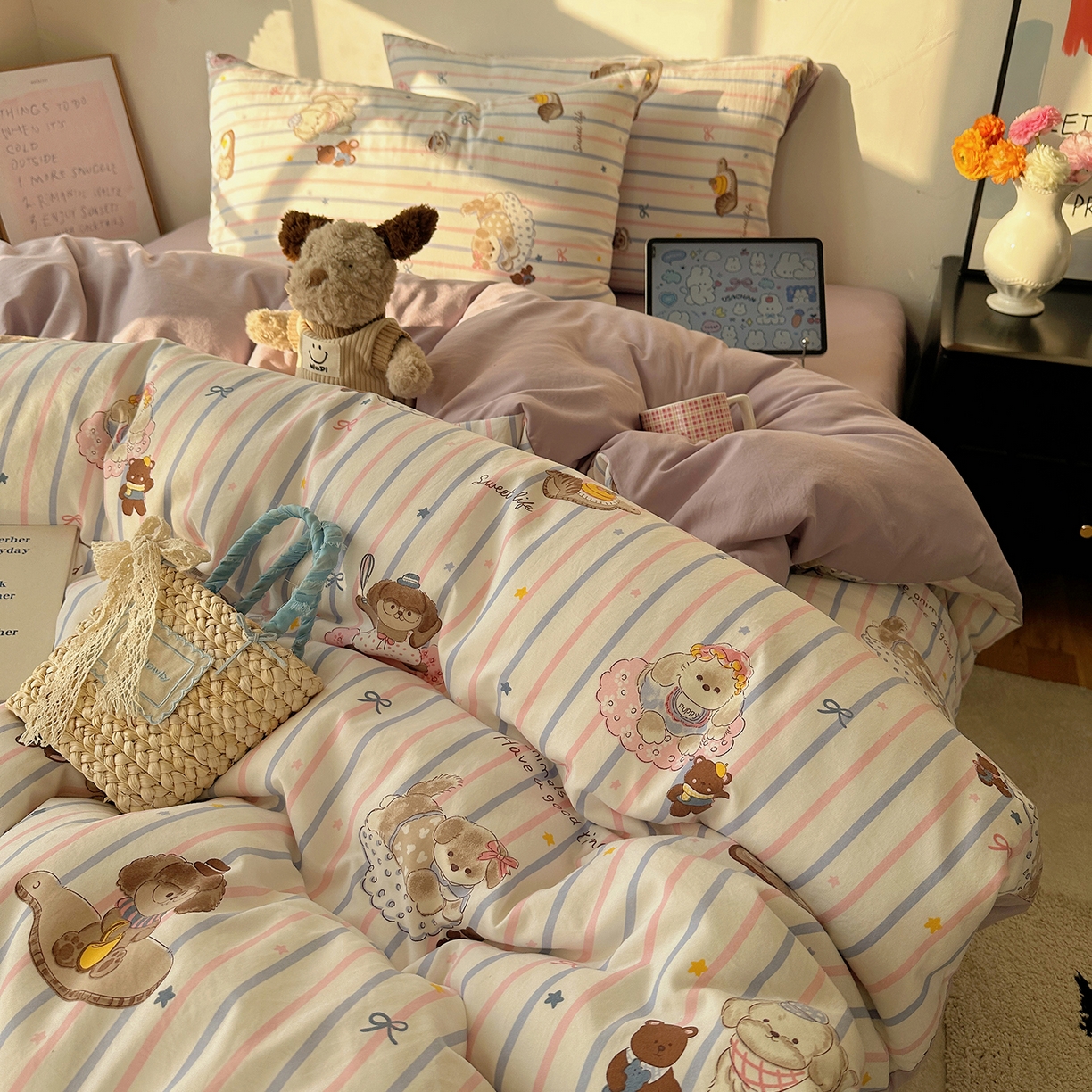 91家纺网 家纺一手货源 找家纺 沐芷 2026 【提供买家秀】水洗棉四件套A类简约小清新床上用品床笠款被套床单三件套被罩卡通可爱 烘焙师