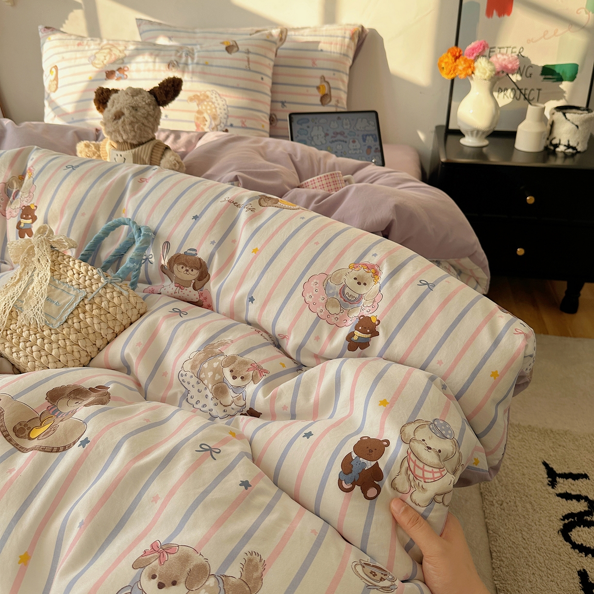 91家纺网 家纺一手货源 找家纺 沐芷 2026 【提供买家秀】水洗棉四件套A类简约小清新床上用品床笠款被套床单三件套被罩卡通可爱 烘焙师