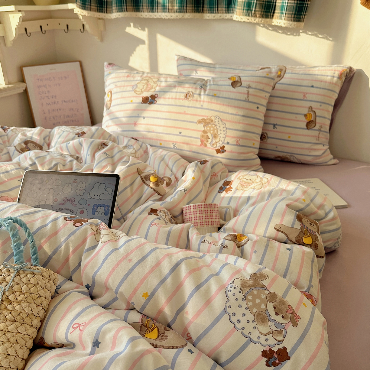 91家纺网 家纺一手货源 找家纺 沐芷 2026 【提供买家秀】水洗棉四件套A类简约小清新床上用品床笠款被套床单三件套被罩卡通可爱 烘焙师