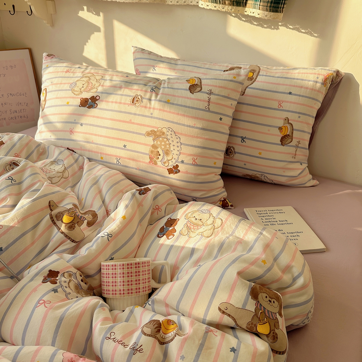 91家纺网 家纺一手货源 找家纺 沐芷 2026 【提供买家秀】水洗棉四件套A类简约小清新床上用品床笠款被套床单三件套被罩卡通可爱 烘焙师