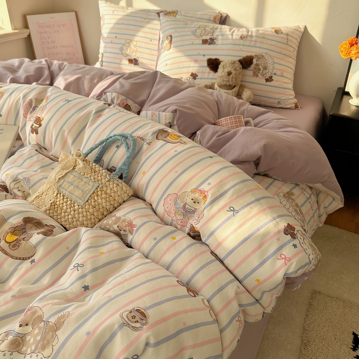 91家纺网 家纺一手货源 找家纺 沐芷 2026 【提供买家秀】水洗棉四件套A类简约小清新床上用品床笠款被套床单三件套被罩卡通可爱 烘焙师