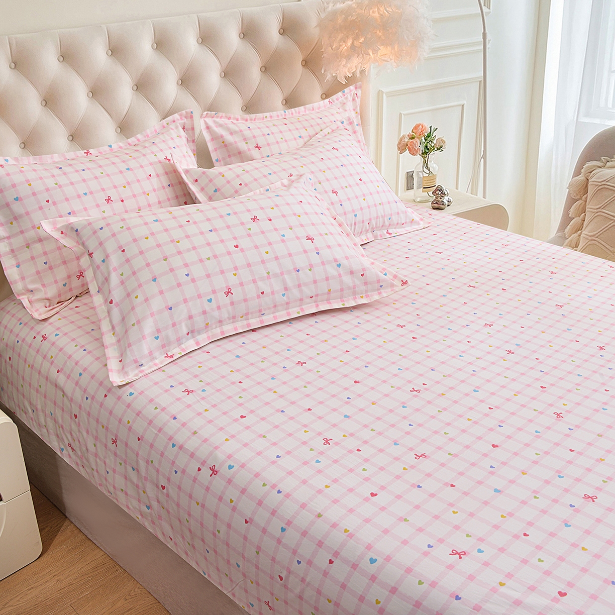 91家纺网 家纺一手货源 找家纺 小雨家纺 2026新款云锦棉韩版印花四件套系列 爱彩（樱花粉）