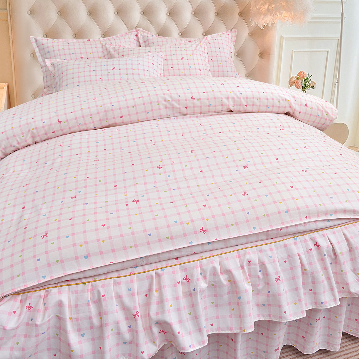 91家纺网 家纺一手货源 找家纺 小雨家纺 2026新款云锦棉韩版印花四件套系列 爱彩（樱花粉）