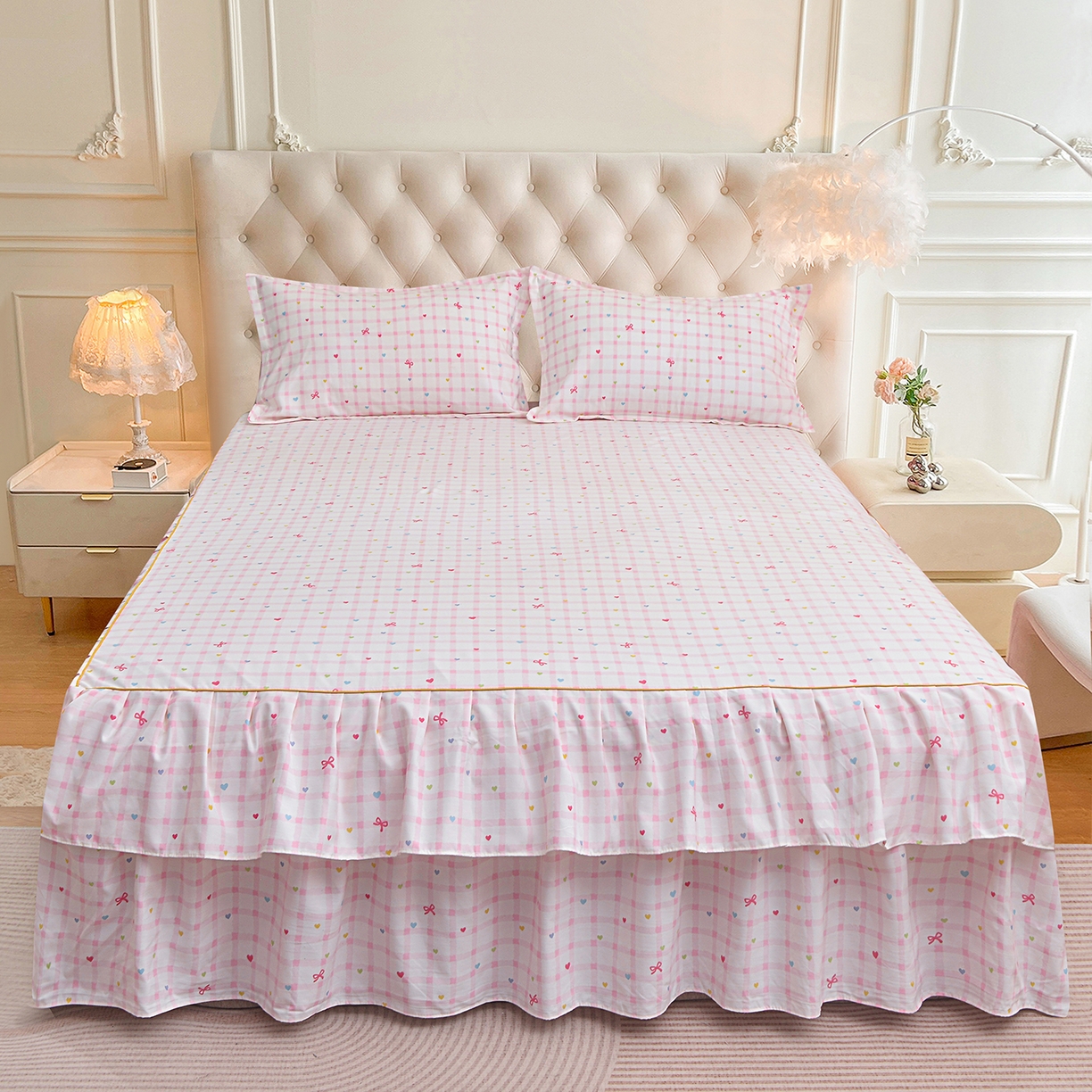 91家纺网 家纺一手货源 找家纺 小雨家纺 2026新款云锦棉韩版印花四件套系列 爱彩（樱花粉）