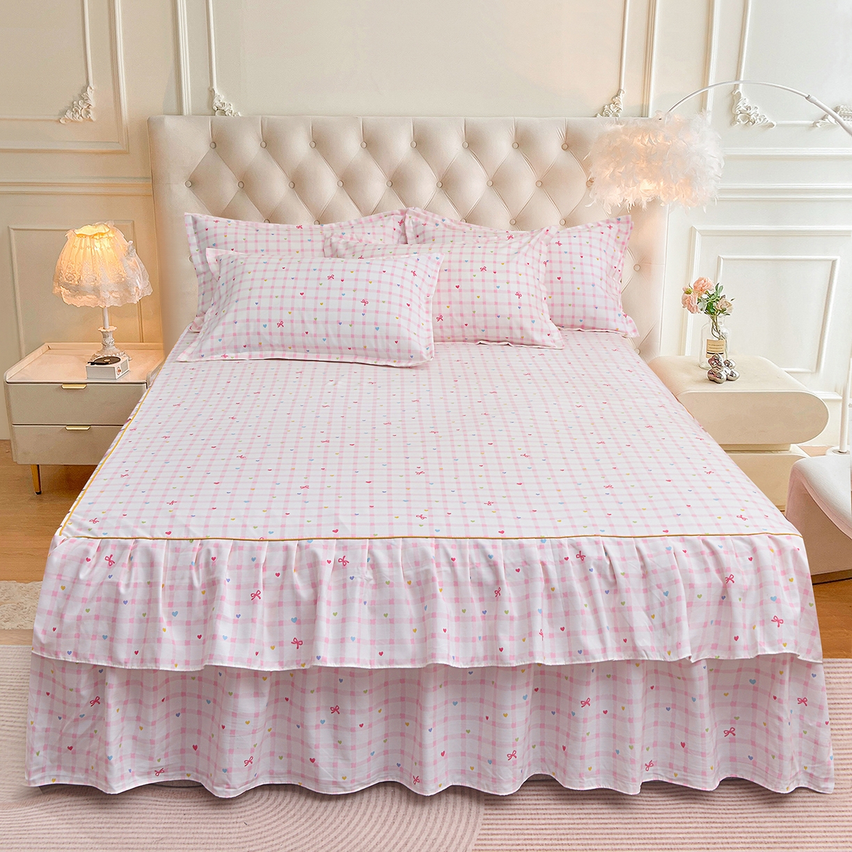 91家纺网 家纺一手货源 找家纺 小雨家纺 2026新款云锦棉韩版印花四件套系列 爱彩（樱花粉）