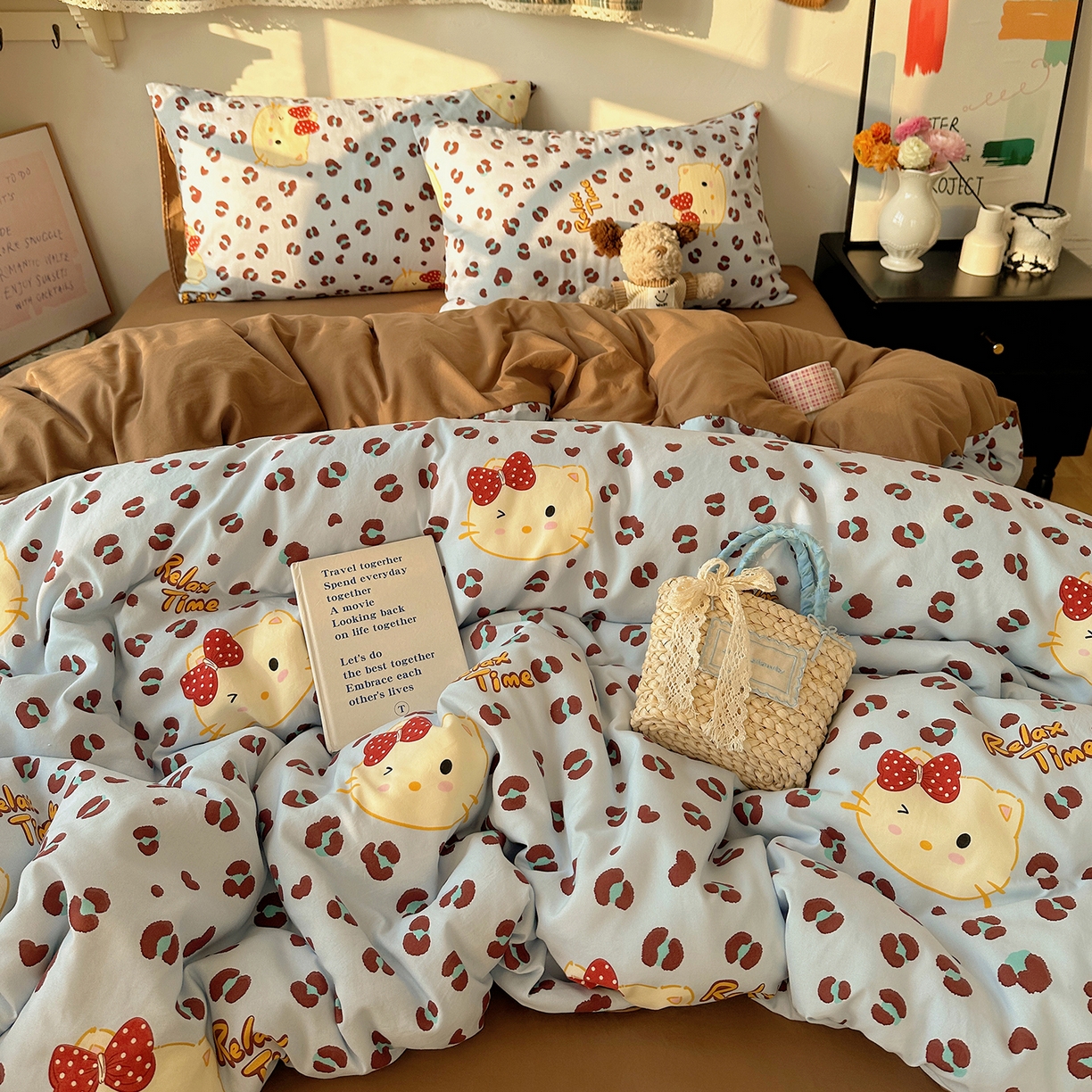 91家纺网 家纺一手货源 找家纺 沐芷 2026 【提供买家秀】水洗棉四件套A类简约小清新床上用品床笠款被套床单三件套被罩卡通可爱 蓝豹喵星人