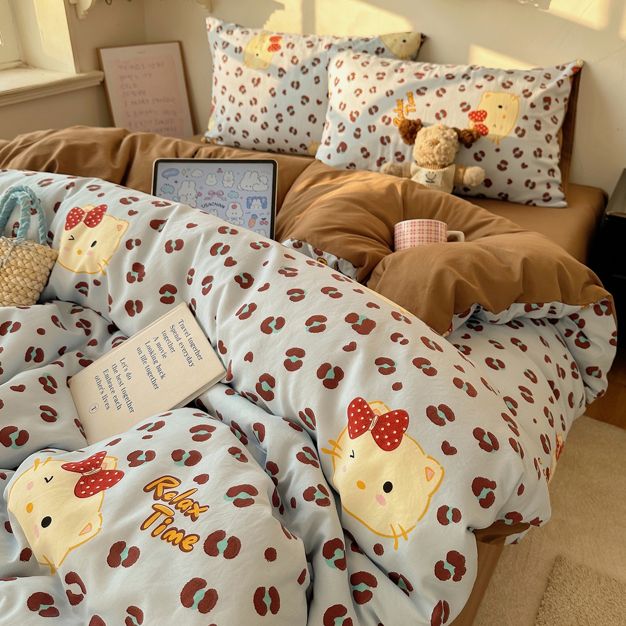 91家纺网 家纺一手货源 找家纺 沐芷 2026 【提供买家秀】水洗棉四件套A类简约小清新床上用品床笠款被套床单三件套被罩卡通可爱 蓝豹喵星人