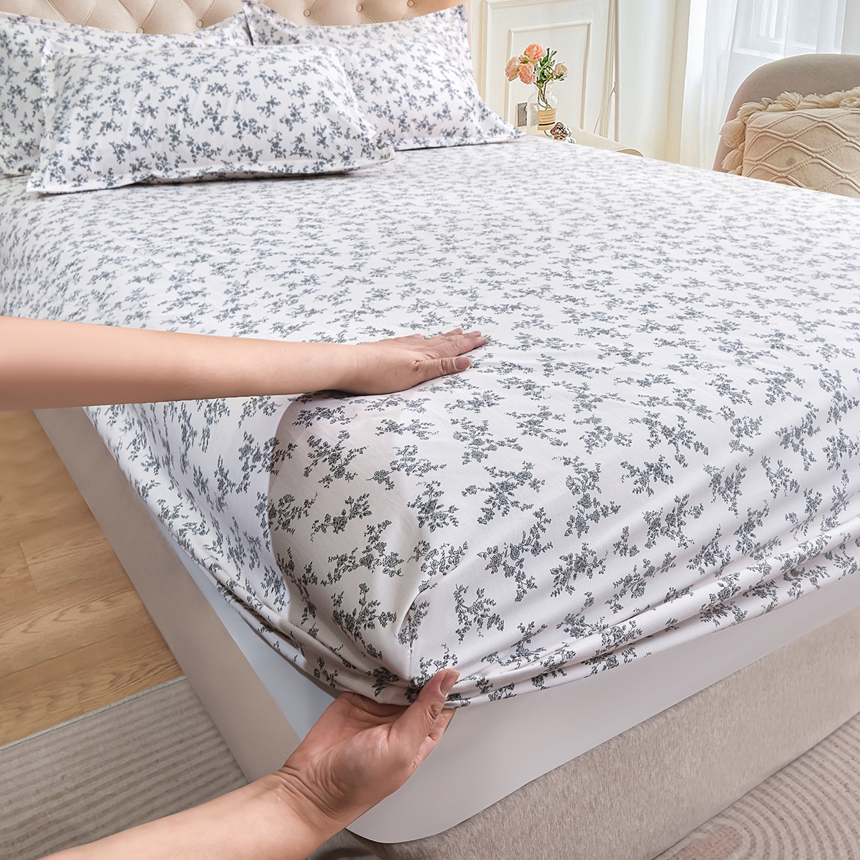 91家纺网 家纺一手货源 找家纺 小雨家纺 2026新款云锦棉韩版印花四件套系列 成瑾9014（星河灰）