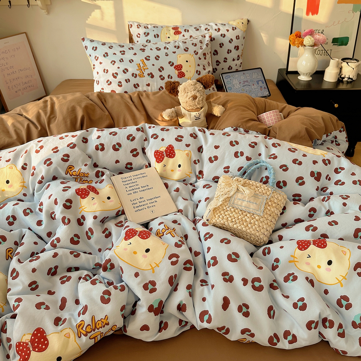 91家纺网 家纺一手货源 找家纺 沐芷 2026 【提供买家秀】水洗棉四件套A类简约小清新床上用品床笠款被套床单三件套被罩卡通可爱 蓝豹喵星人