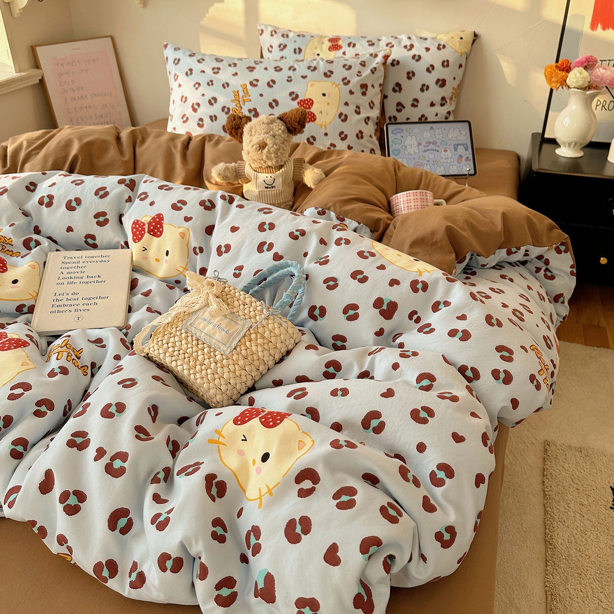 91家纺网 家纺一手货源 找家纺 沐芷 2026 【提供买家秀】水洗棉四件套A类简约小清新床上用品床笠款被套床单三件套被罩卡通可爱 蓝豹喵星人