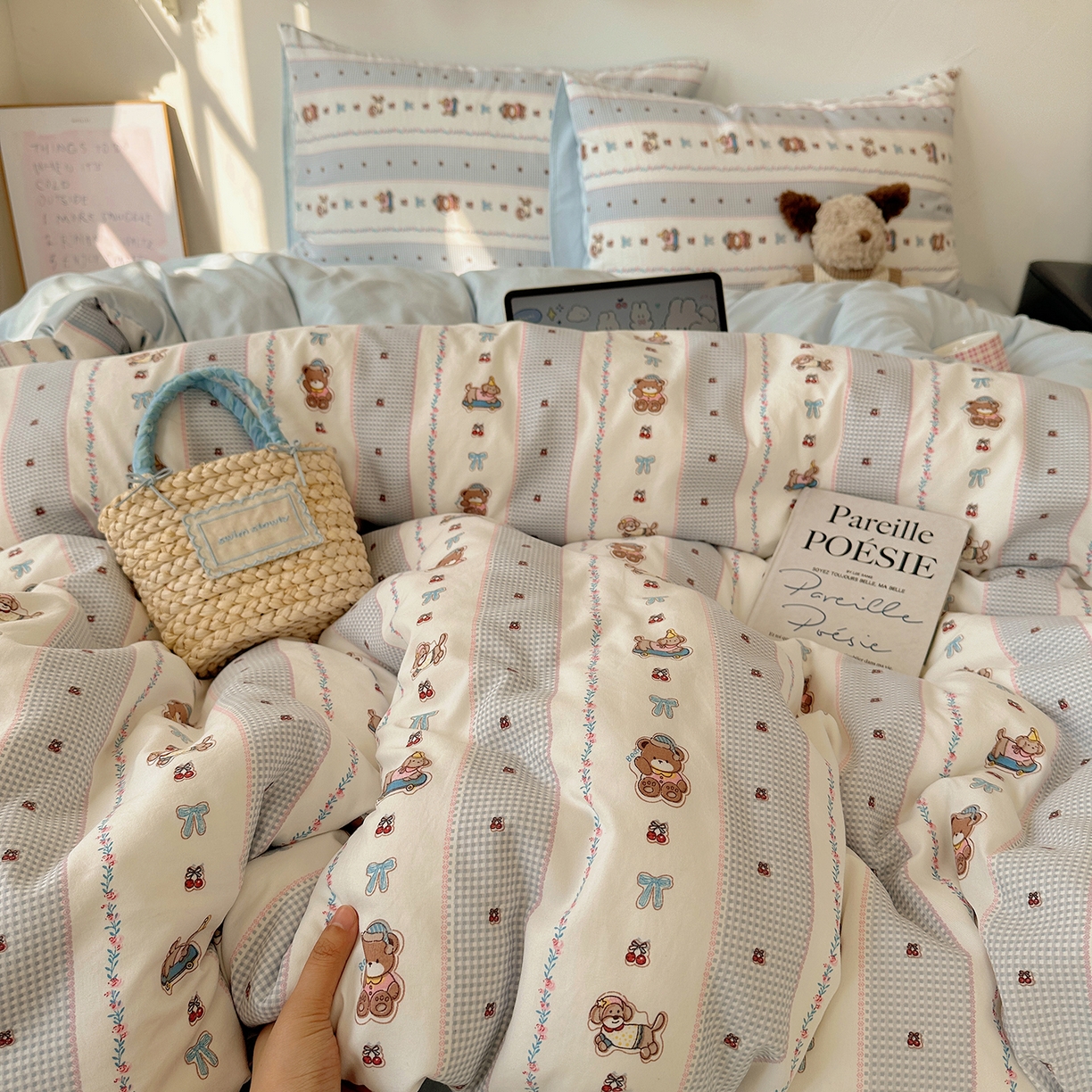 沐芷 2026 【提供买家秀】水洗棉四件套A类简约小清新床上用品床笠款被套床单三件套被罩卡通可爱 蓝色假日