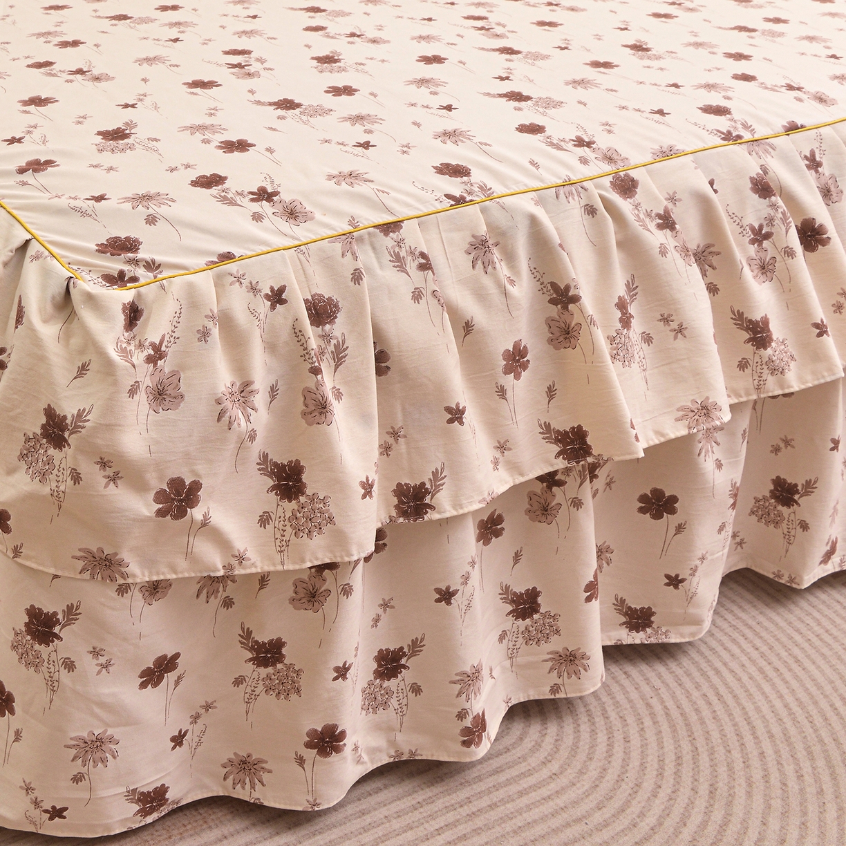 91家纺网 家纺一手货源 找家纺 小雨家纺 2026新款云锦棉韩版印花四件套系列 花屿（拿铁棕）