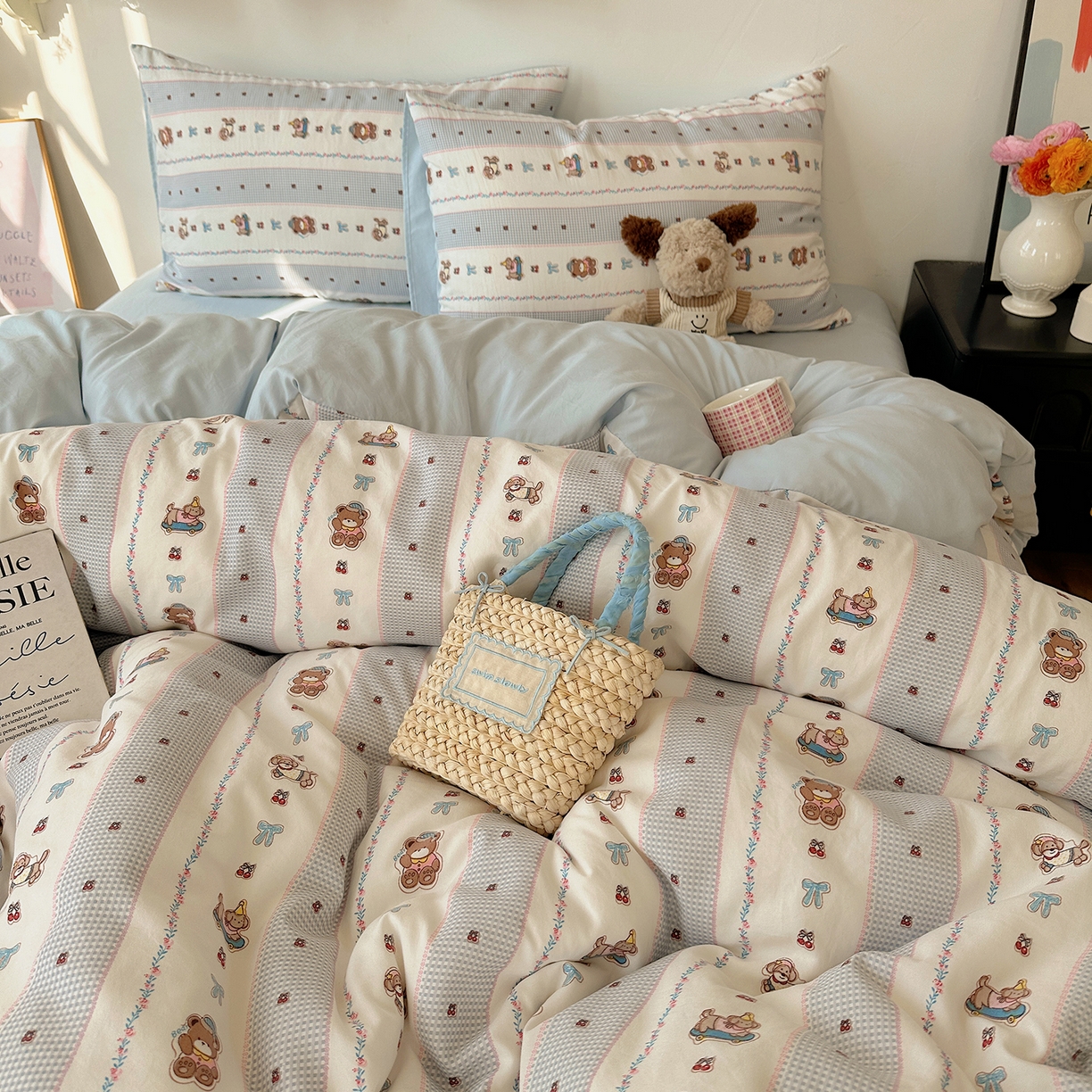 91家纺网 家纺一手货源 找家纺 沐芷 2026 【提供买家秀】水洗棉四件套A类简约小清新床上用品床笠款被套床单三件套被罩卡通可爱 蓝色假日