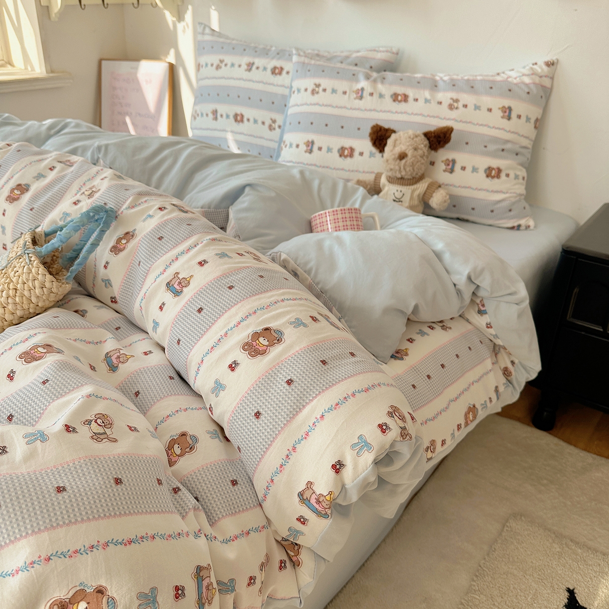 91家纺网 家纺一手货源 找家纺 沐芷 2026 【提供买家秀】水洗棉四件套A类简约小清新床上用品床笠款被套床单三件套被罩卡通可爱 蓝色假日