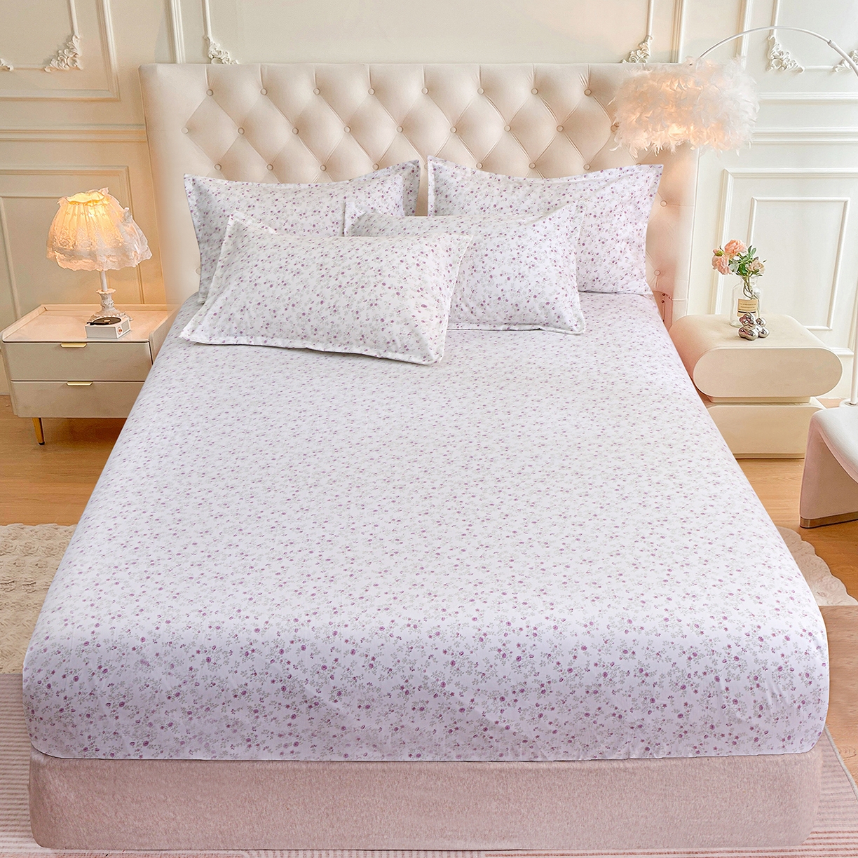 91家纺网 家纺一手货源 找家纺 小雨家纺 2026新款云锦棉韩版印花四件套系列 花盎然9018雪青