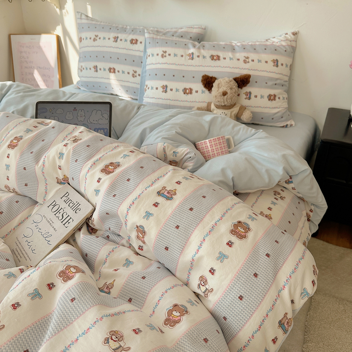 91家纺网 家纺一手货源 找家纺 沐芷 2026 【提供买家秀】水洗棉四件套A类简约小清新床上用品床笠款被套床单三件套被罩卡通可爱 蓝色假日