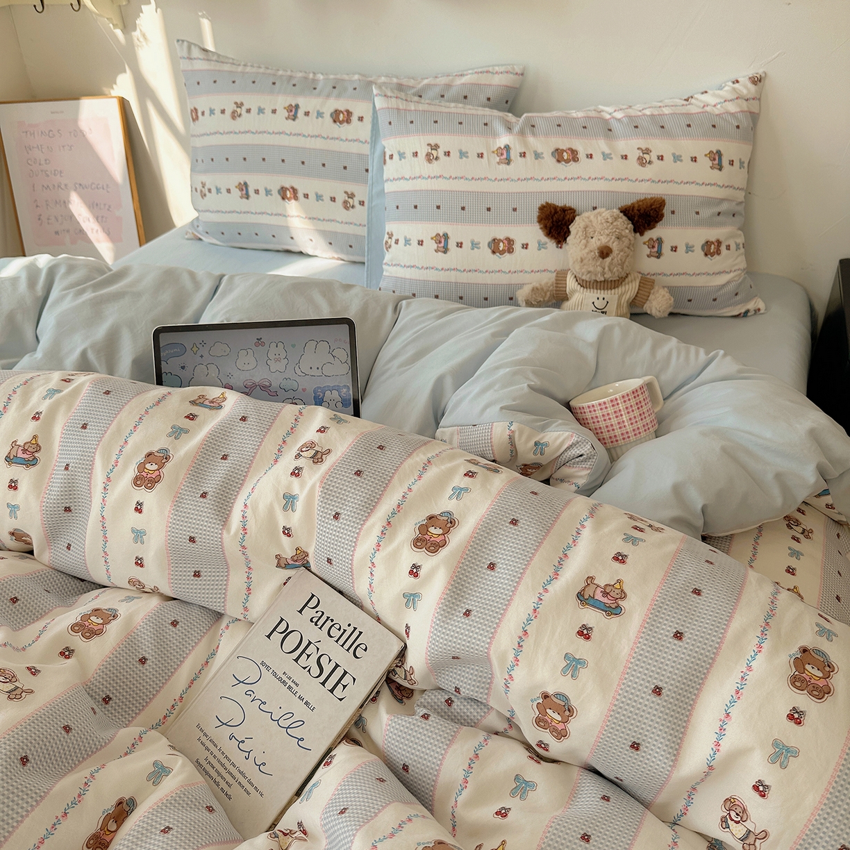 91家纺网 家纺一手货源 找家纺 沐芷 2026 【提供买家秀】水洗棉四件套A类简约小清新床上用品床笠款被套床单三件套被罩卡通可爱 蓝色假日