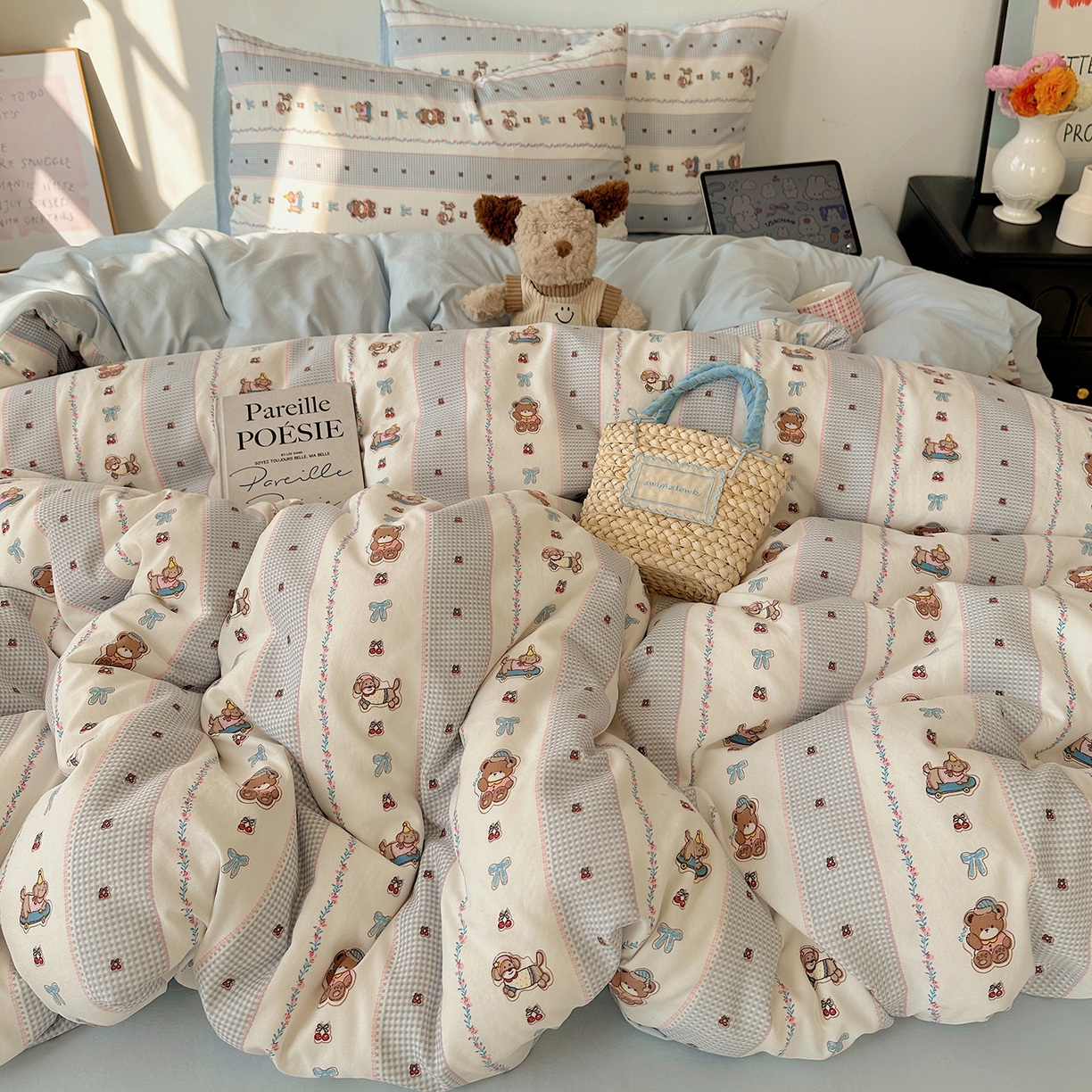 91家纺网 家纺一手货源 找家纺 沐芷 2026 【提供买家秀】水洗棉四件套A类简约小清新床上用品床笠款被套床单三件套被罩卡通可爱 蓝色假日