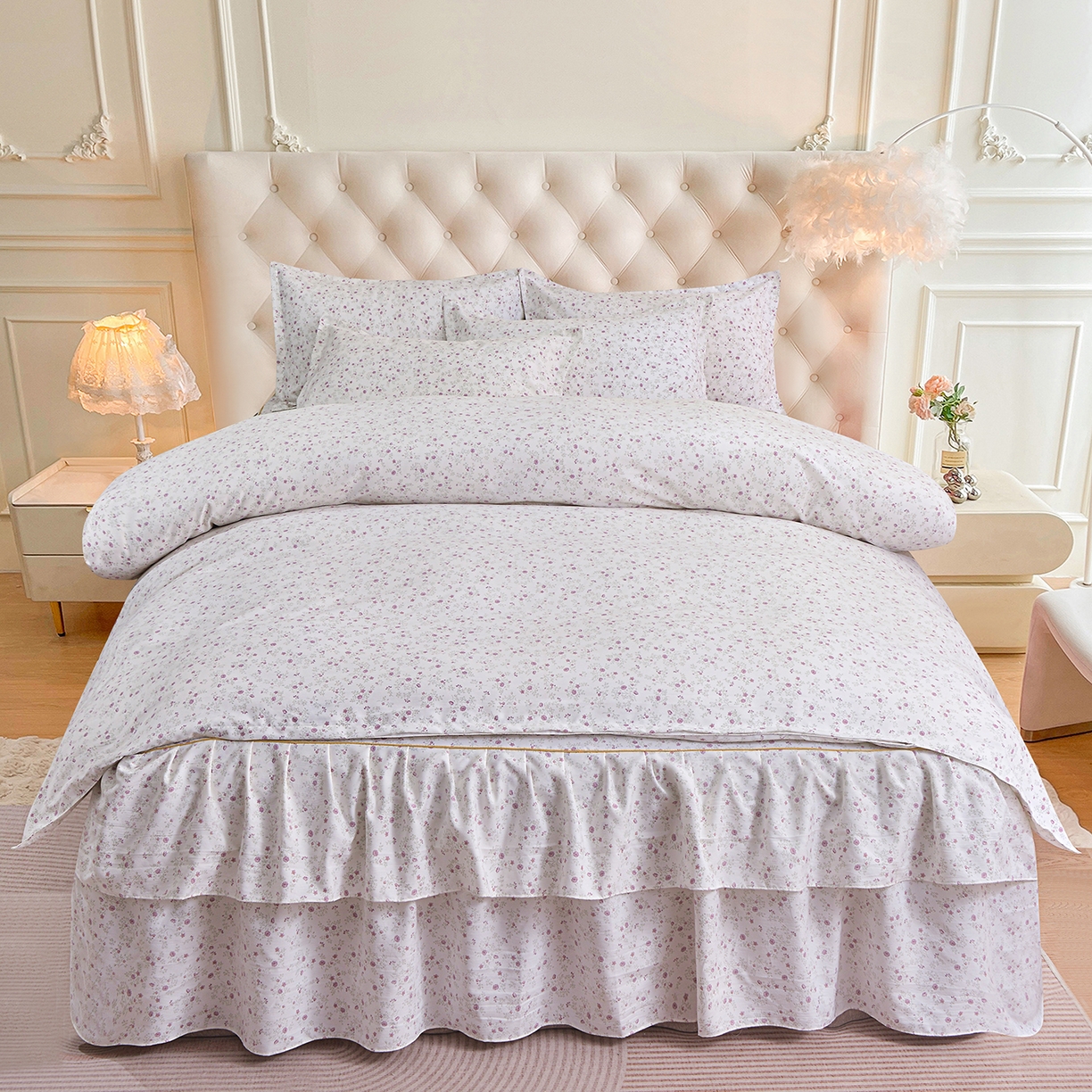 小雨家纺 2026新款云锦棉韩版印花四件套系列 花盎然9018雪青