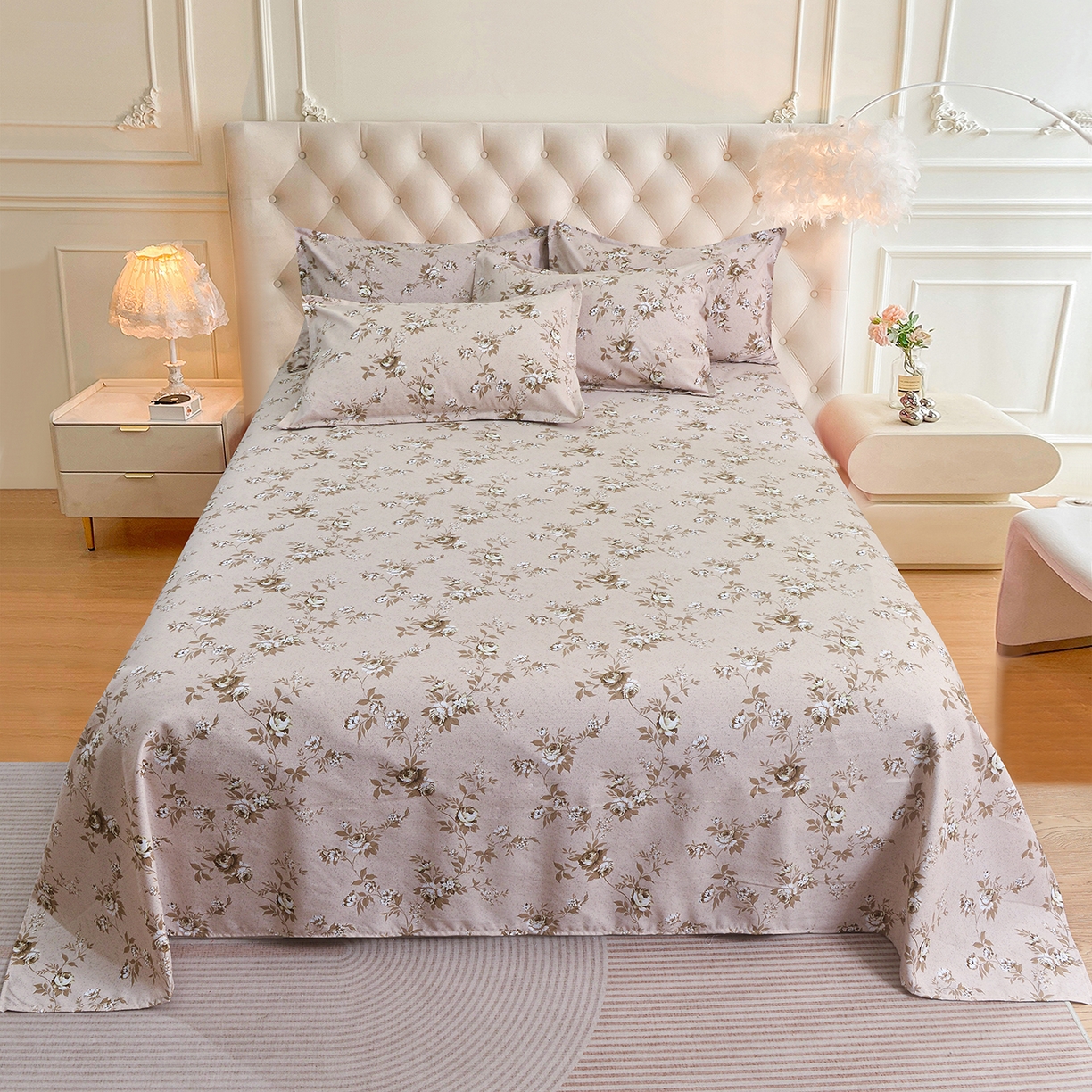 91家纺网 家纺一手货源 找家纺 小雨家纺 2026新款云锦棉韩版印花四件套系列 花屿9055咖拿铁棕