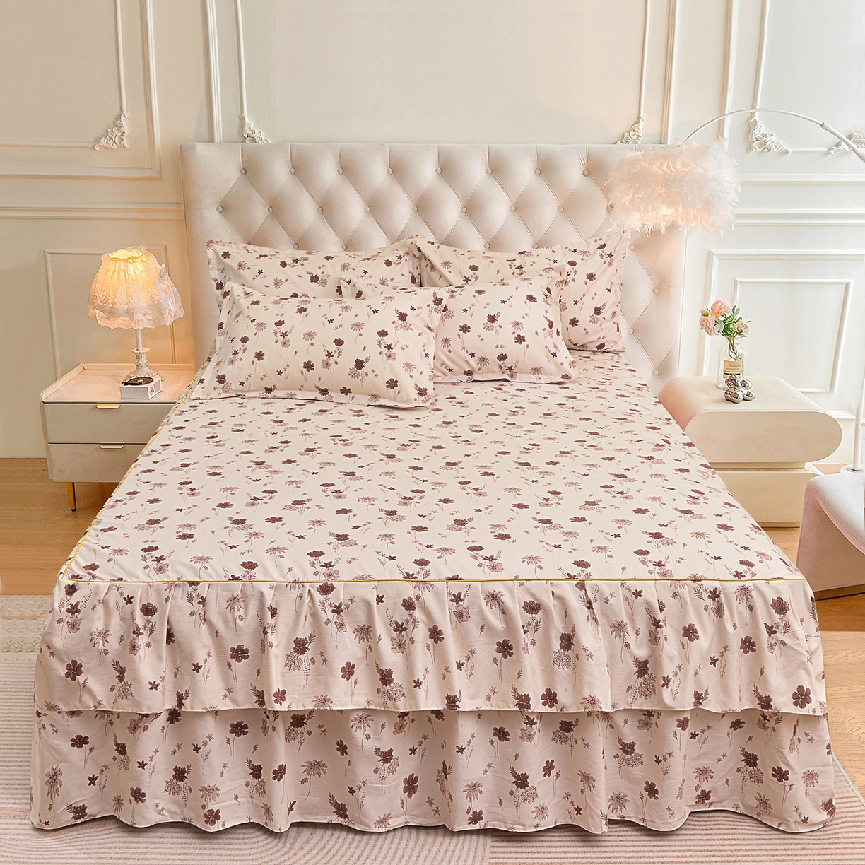 91家纺网 家纺一手货源 找家纺 小雨家纺 2026新款云锦棉韩版印花四件套系列 花屿（拿铁棕）