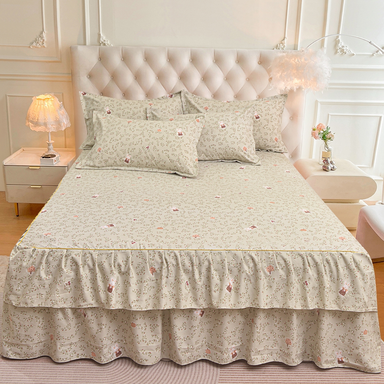 91家纺网 家纺一手货源 找家纺 小雨家纺 2026新款云锦棉韩版印花四件套系列 爱乐兔（拿铁棕）