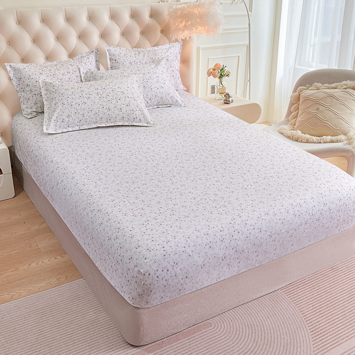 91家纺网 家纺一手货源 找家纺 小雨家纺 2026新款云锦棉韩版印花四件套系列 花盎然9018雪青