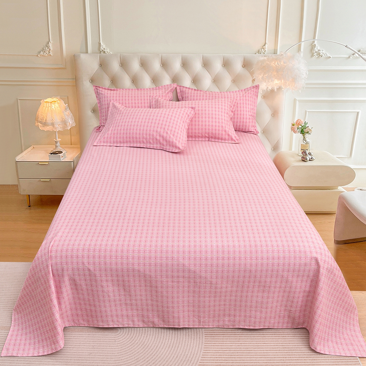 91家纺网 家纺一手货源 找家纺 小雨家纺 2026新款云锦棉韩版印花四件套系列 阿波罗（樱花粉）