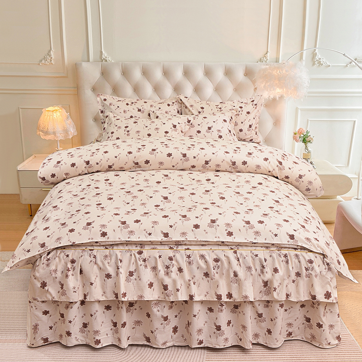 小雨家纺 2026新款云锦棉韩版印花四件套系列 花屿（拿铁棕）