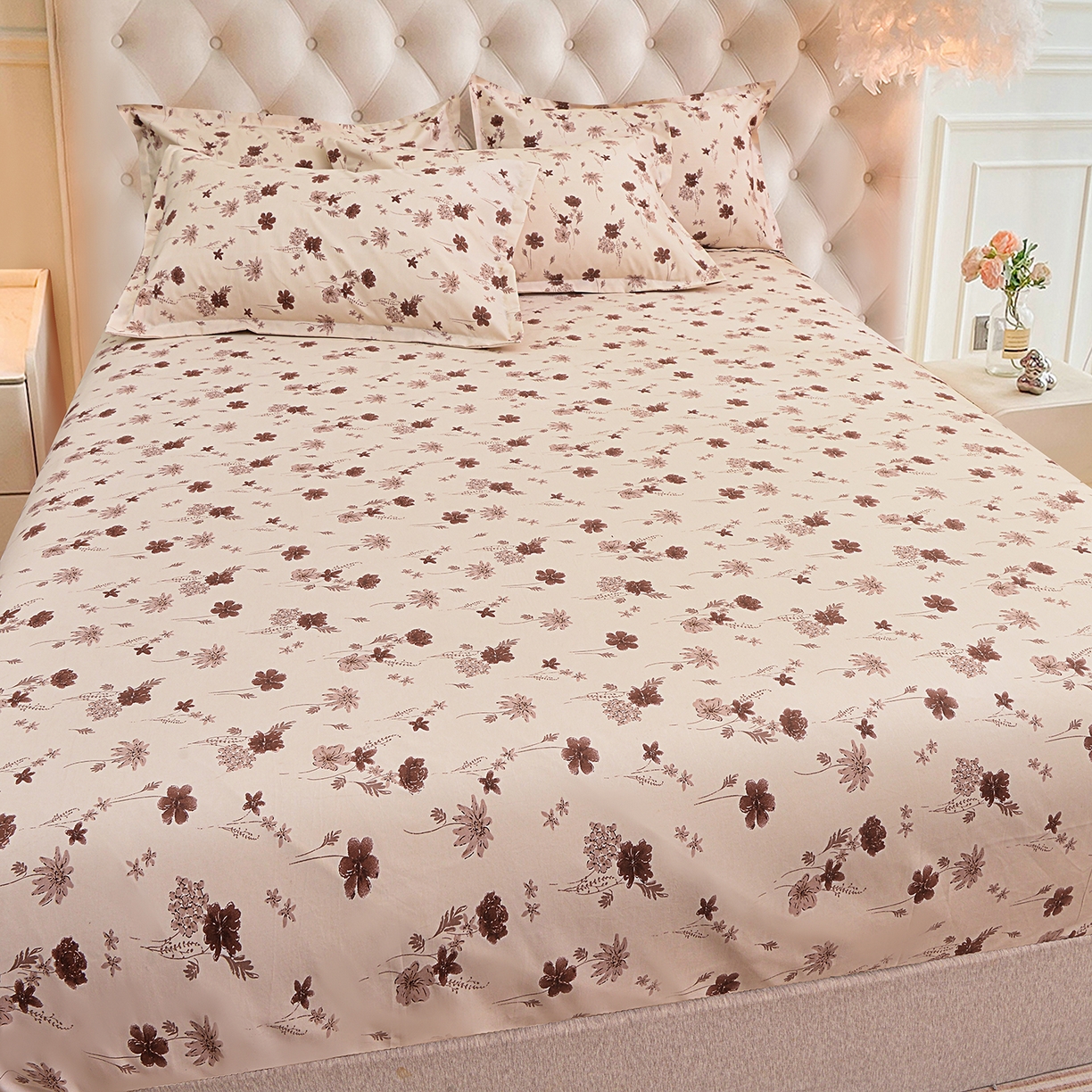 91家纺网 家纺一手货源 找家纺 小雨家纺 2026新款云锦棉韩版印花四件套系列 花屿（拿铁棕）