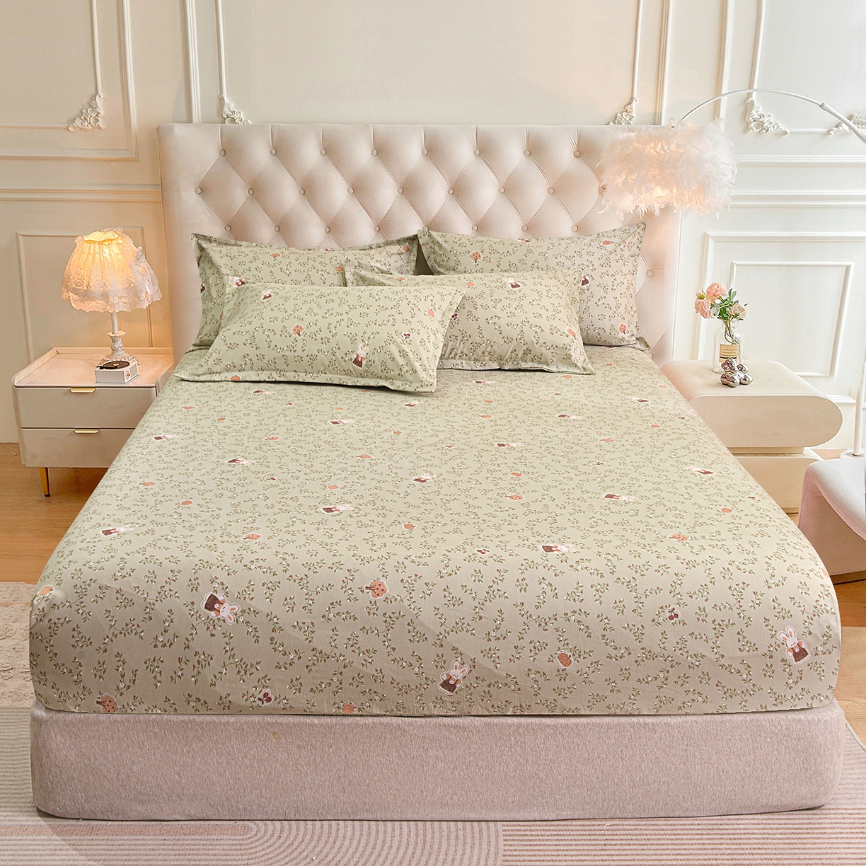 91家纺网 家纺一手货源 找家纺 小雨家纺 2026新款云锦棉韩版印花四件套系列 爱乐兔（拿铁棕）