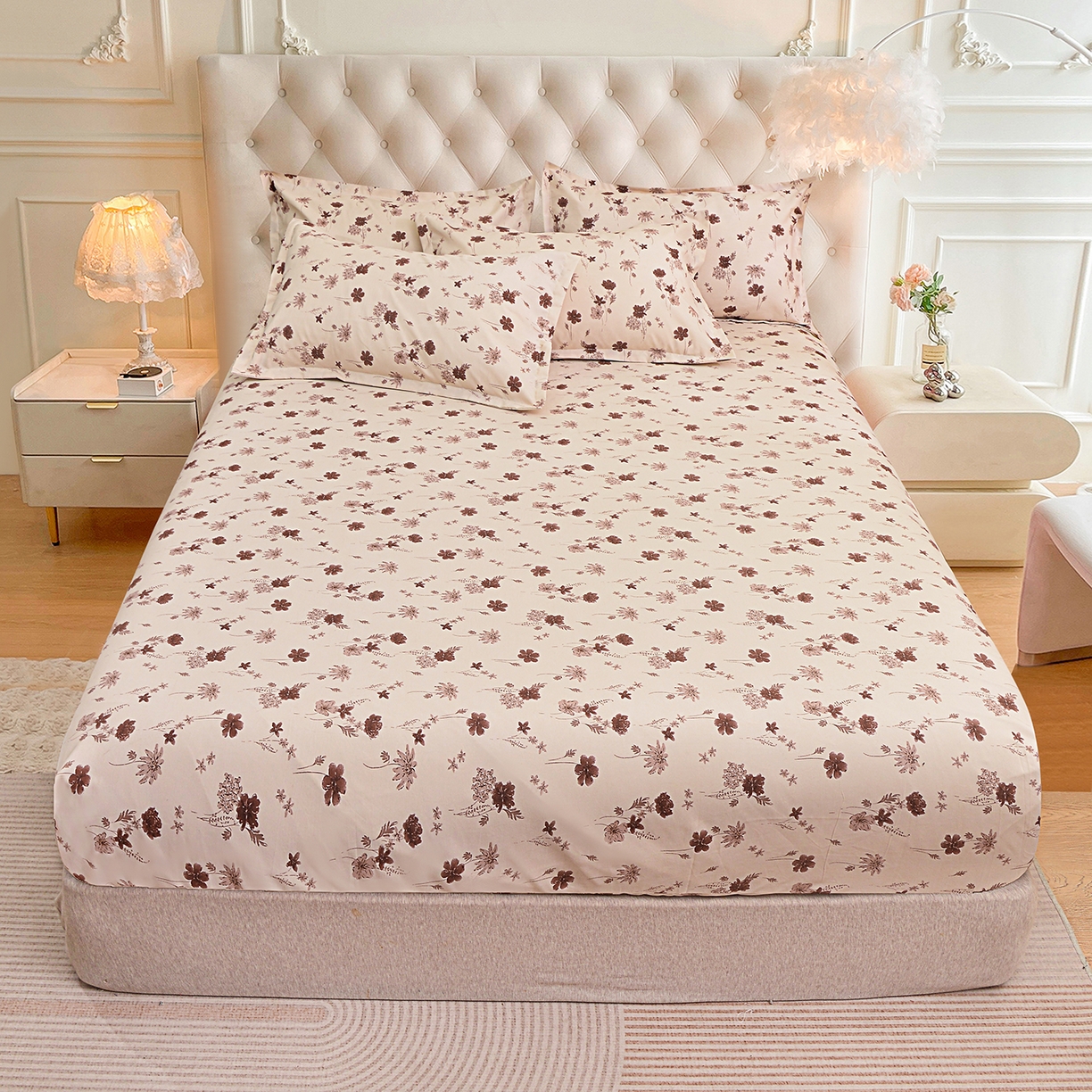 91家纺网 家纺一手货源 找家纺 小雨家纺 2026新款云锦棉韩版印花四件套系列 花屿（拿铁棕）