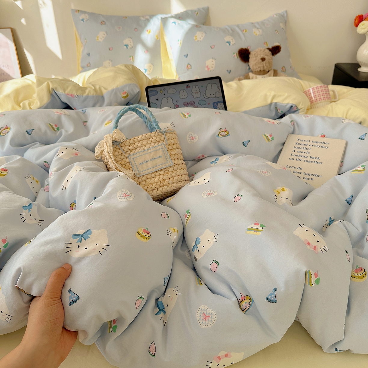 沐芷 2026 【提供买家秀】水洗棉四件套A类简约小清新床上用品床笠款被套床单三件套被罩卡通可爱 猫屿甜心