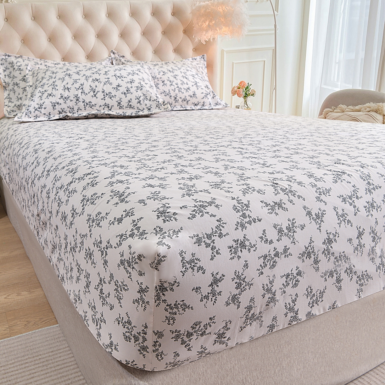 91家纺网 家纺一手货源 找家纺 小雨家纺 2026新款云锦棉韩版印花四件套系列 成瑾9014（星河灰）