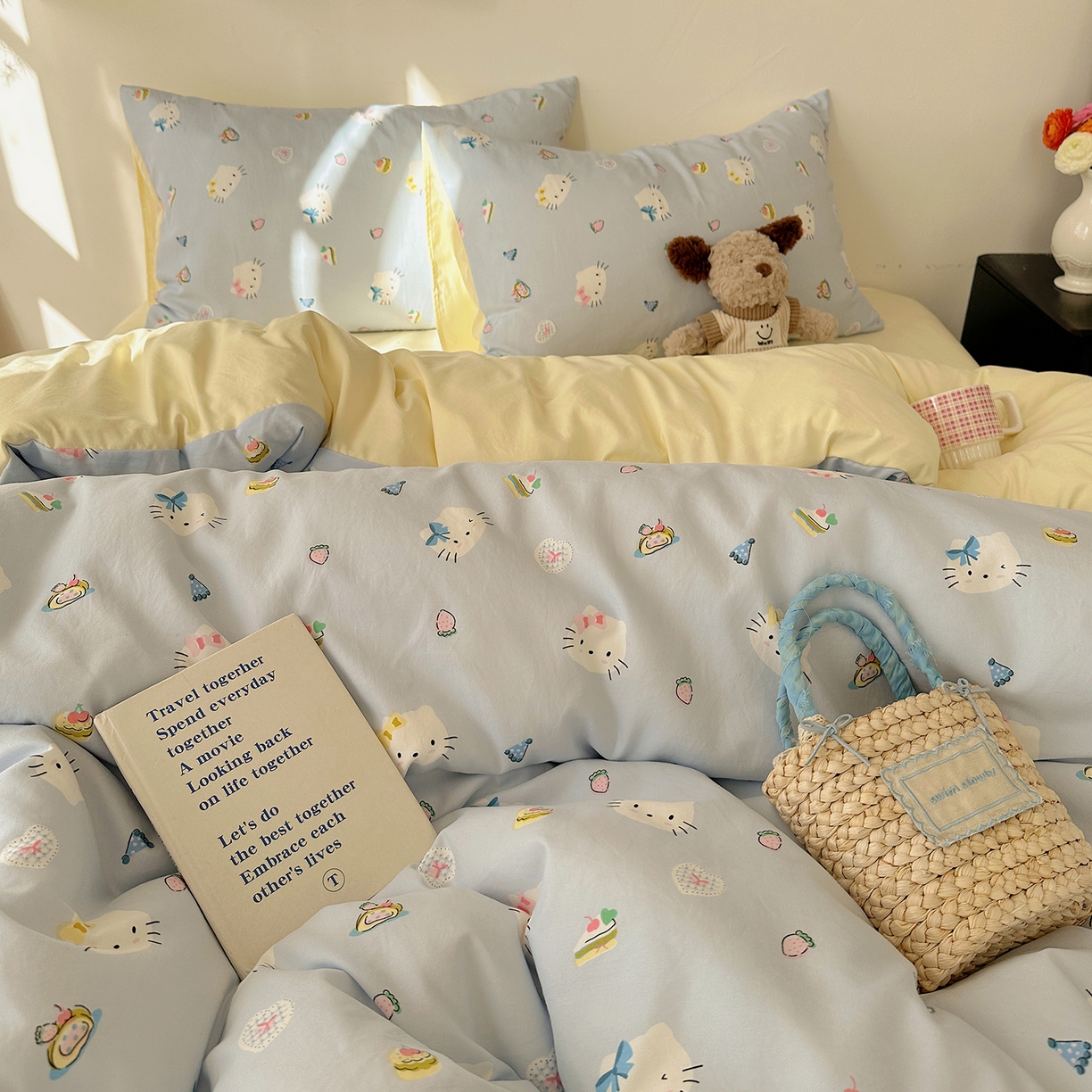 91家纺网 家纺一手货源 找家纺 沐芷 2026 【提供买家秀】水洗棉四件套A类简约小清新床上用品床笠款被套床单三件套被罩卡通可爱 猫屿甜心