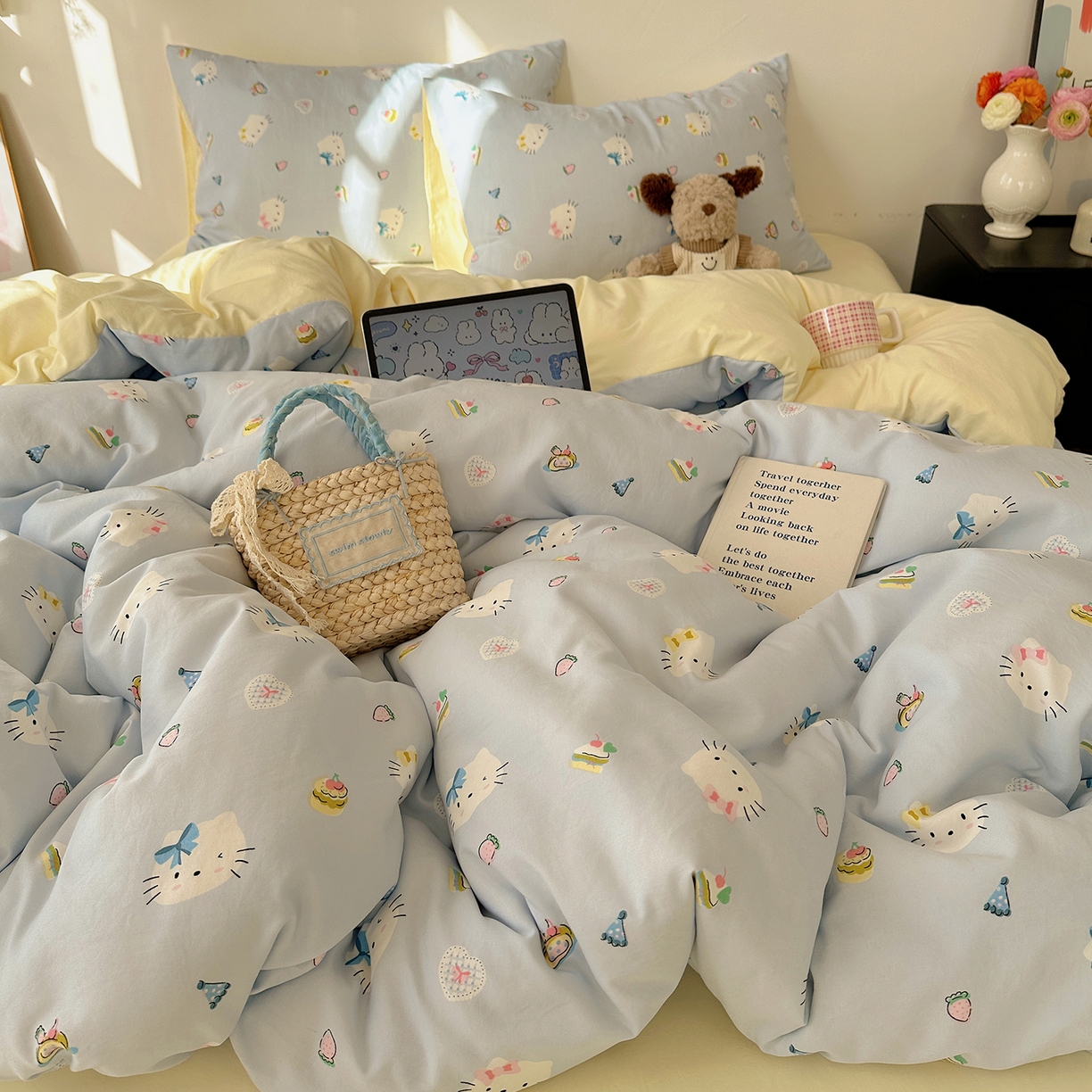 91家纺网 家纺一手货源 找家纺 沐芷 2026 【提供买家秀】水洗棉四件套A类简约小清新床上用品床笠款被套床单三件套被罩卡通可爱 猫屿甜心