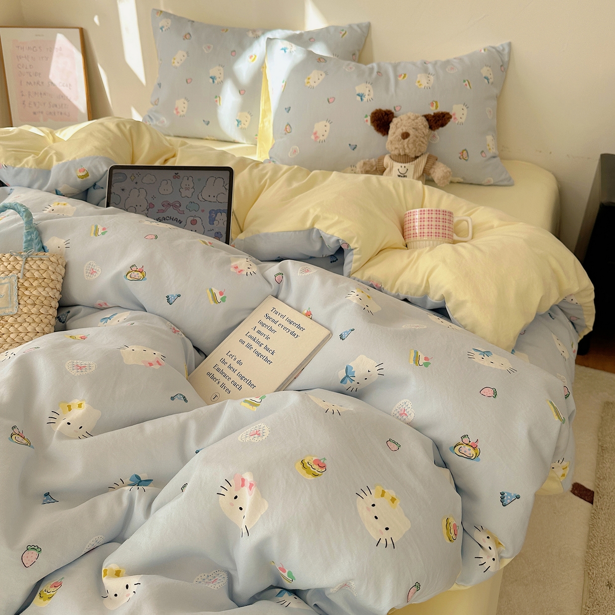 91家纺网 家纺一手货源 找家纺 沐芷 2026 【提供买家秀】水洗棉四件套A类简约小清新床上用品床笠款被套床单三件套被罩卡通可爱 猫屿甜心